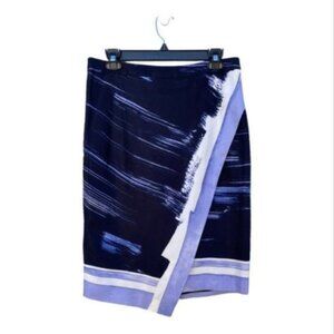 Banana Republic Navy Pencil Faux Wrap Brush Painting Print Skirt Sz 6